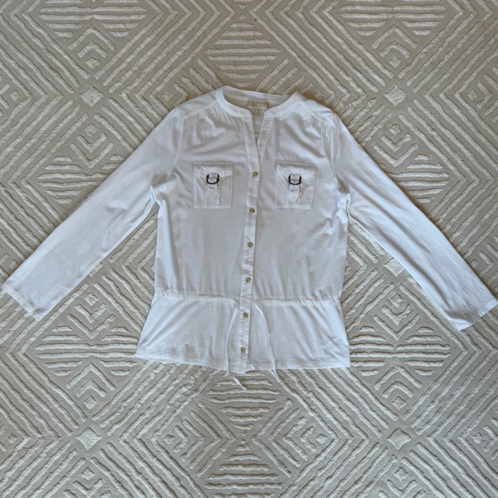 Michael Kors White Cotton Utility Shirt with Gold MK Hardware & Drawstring Waist - Picture 14 of 16